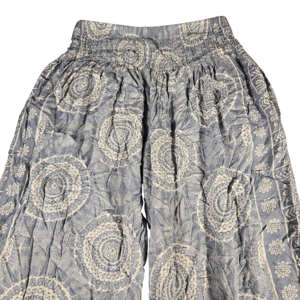 Boho Mandala Medallion Print Harem Pants Blue White Smocked Waist Joggers
